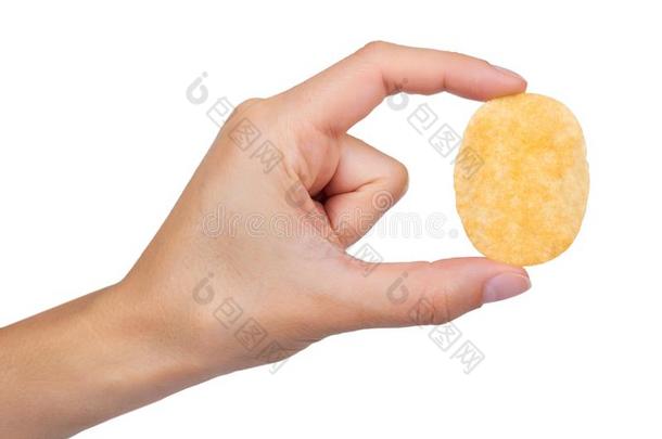 马铃薯炸马铃薯条采用手隔离的向白色的背景