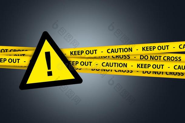 三角形黄色的警告符号和小心带子