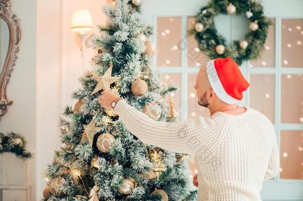 幸福的男人装饰指已提到的人圣诞节树在家