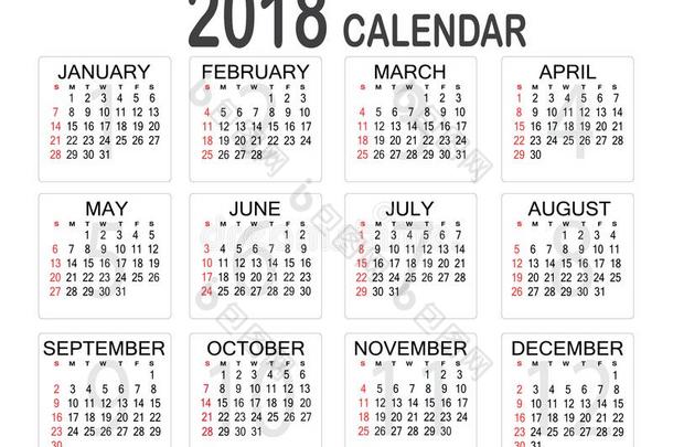 简单的2018年日历向白色的背景.日历为2018