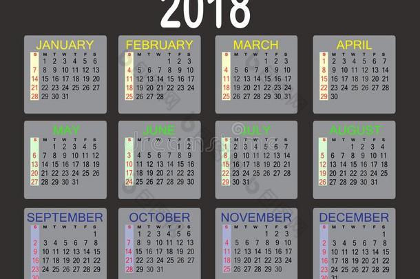 简单的2018年日历向白色的背景.日历为2018