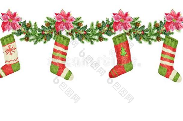 圣诞节<strong>花环</strong>和猩猩木和圣诞节短袜.水彩画