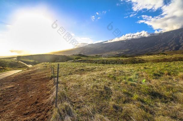 孤独的临海的路,日落向<strong>毛</strong>伊岛岛,美国夏威夷州