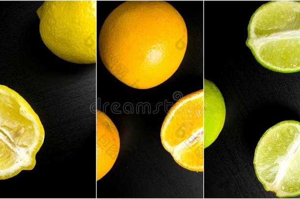 柑橘属果树成果拼贴画向黑的背景-lem向,酸橙和猩猩