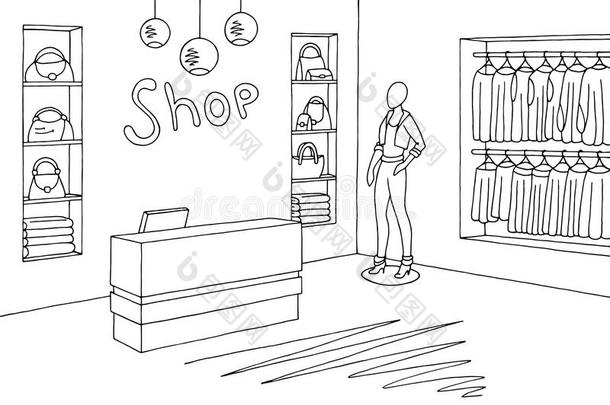 商店内部图解的黑的白色的草图说明矢量