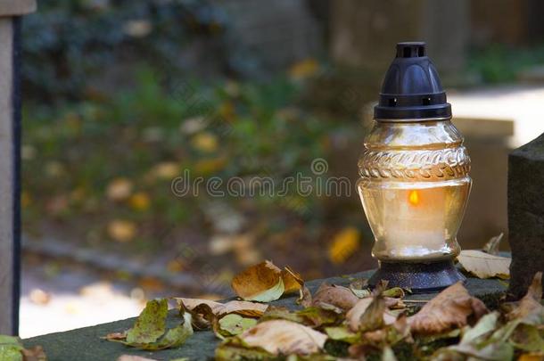 <strong>奉献</strong>的蜡烛在指已提到的人重大的和秋树叶.