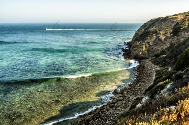 天堂小海湾马利布,祖玛海滩,祖母绿和蓝色水采用一奎宁