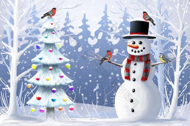 圣诞节说明.雪人,圣诞节树,野生的鸟,winter冬天