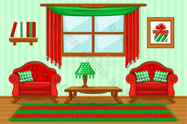放置漫画加衬垫红色的和<strong>绿色</strong>的<strong>家具</strong>,活的房间