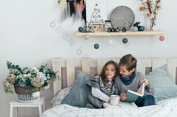 兄弟和姐妹阅读一令人感兴趣的书一次采用<strong>床</strong>