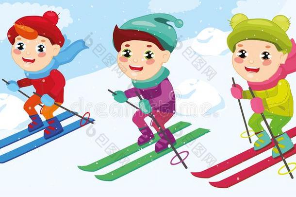 放置男孩滑雪.冬有关运动的在小孩在假日.孩子们滑雪者