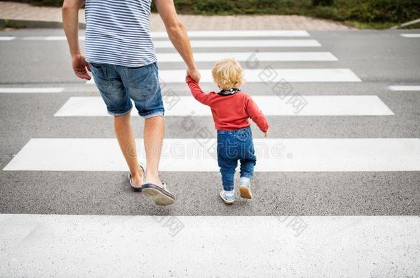 父亲和小的男孩人行<strong>横道</strong>指已提到的人路向人行<strong>横道</strong>.