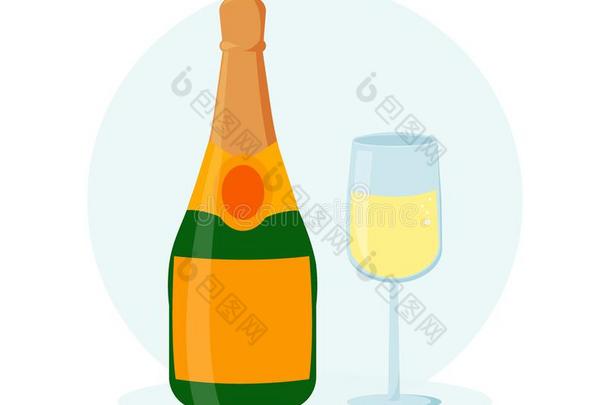 香槟酒瓶子和香槟酒玻璃说明.平的设计.