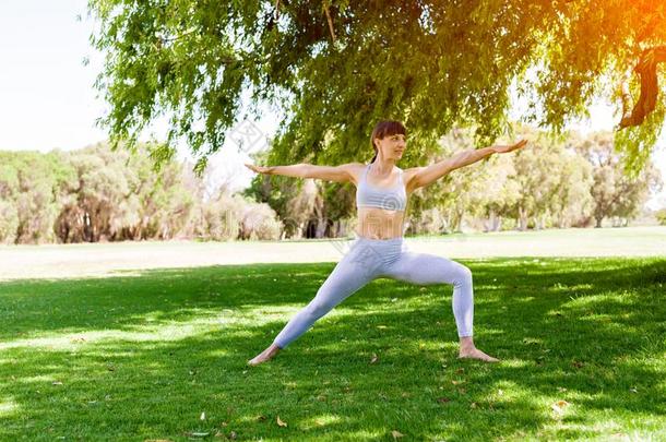 年幼的女人开业的瑜伽采用指已提到的人公园