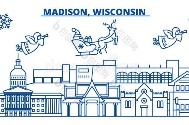 美利坚合众国,威斯康星州,麦迪逊自行车接力赛冬城市地平线.愉快的圣诞节和