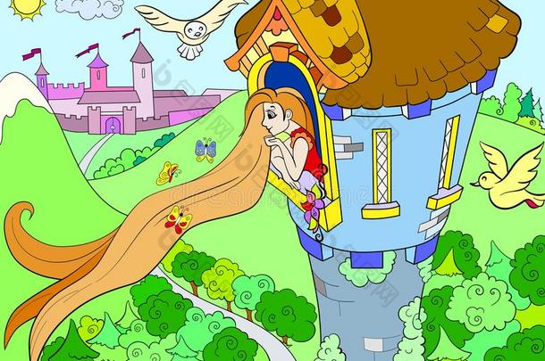 公主长发公主采用指已提到的人石头塔为孩子们漫画矢量