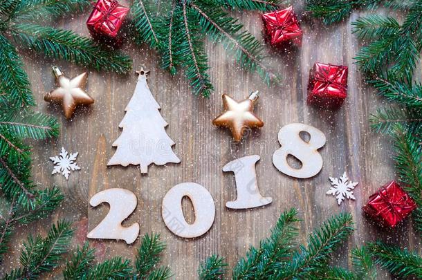 幸福的新的年2018背景和2018轮廓,圣诞节玩具