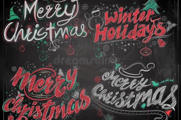 愉快的圣诞节和冬假日粉笔字体设计放置thankyou谢谢你