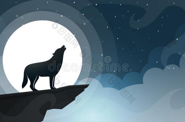 夜晚漫画风景.狼,月亮,云说明.