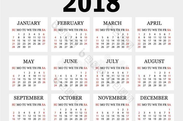 日历2018.简单的日历样板为年2018.灰色的背