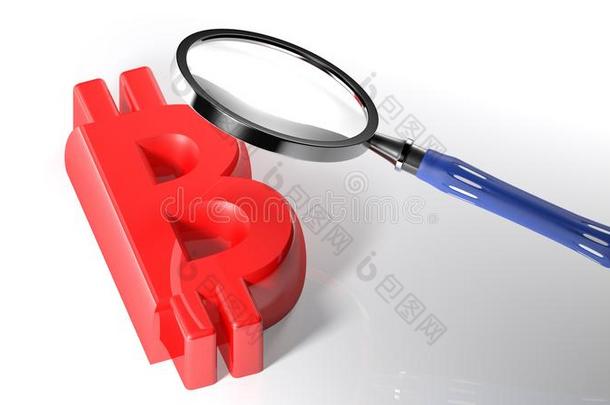 放大镜向红色的点对点基于网络的匿名数字货币象征-3英语字母表中的第四个字母翻译