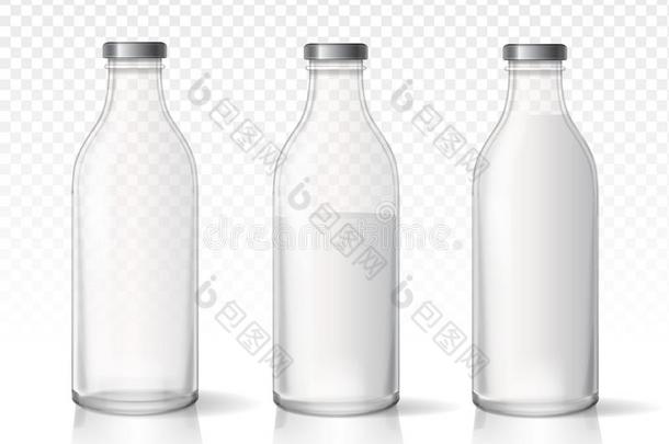 透明的玻璃奶瓶子.牛奶场乘积.矢量现实的