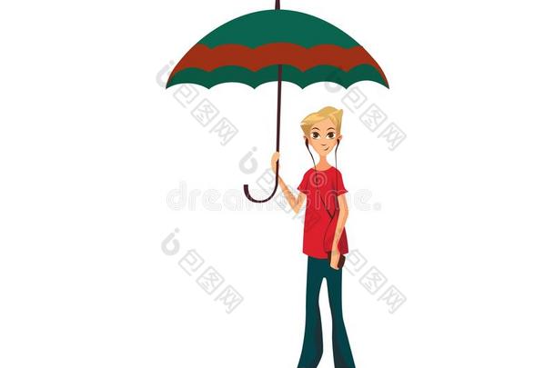 漂亮的男孩在下面大的雨伞,下雨的天气观念漫画vectograp矢量图