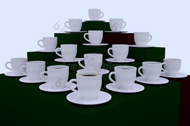 许多白色的咖啡豆杯子和茶杯托