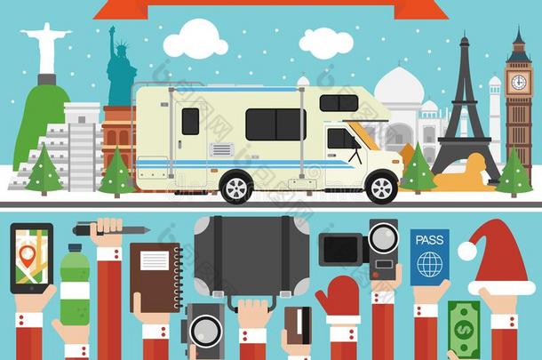 新的年在假日世界旅行设计平的和露营者,拖车