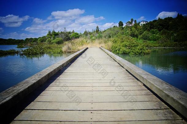 木制的走道穿过指已提到的人湖.自然和蓝色天采用指已提到的人后面