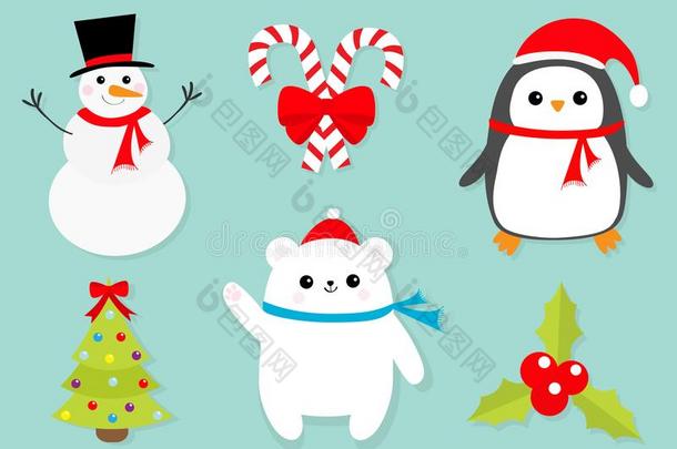 愉快的圣诞节偶像放置.雪人糖果手杖粘贴红色的弓.