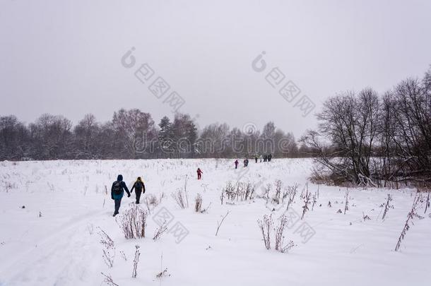 一组关于旅行者是（be的三单形式步行通过一雪原.