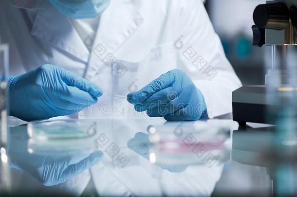 实验室技术人员准备的玻璃和生物化学的物质为前妻或前夫