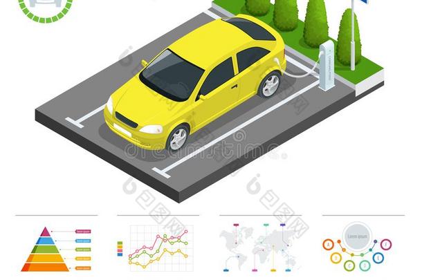 信息图表和绿色的电的汽车装料点矢量.重新开始