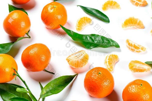 成熟的桔子柑橘普通话和树叶关-在上面向指已提到的人白色的