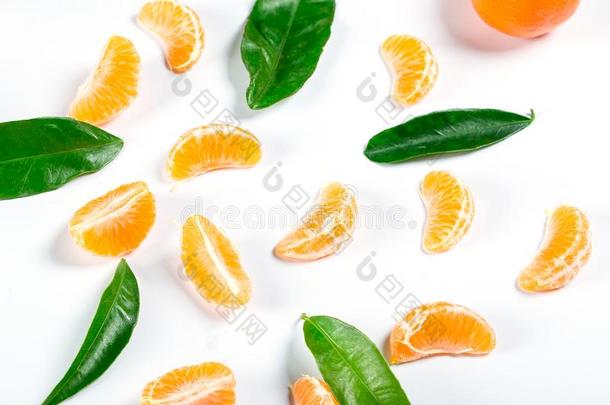 成熟的桔子柑橘普通话和树叶关-在上面向指已提到的人白色的