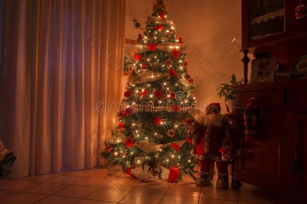 圣诞节夜内部和暖和的家畜的肺脏圣诞节树