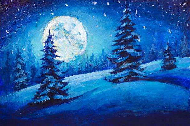 绘画宏伟的冬夜山山谷.圣诞节心情我