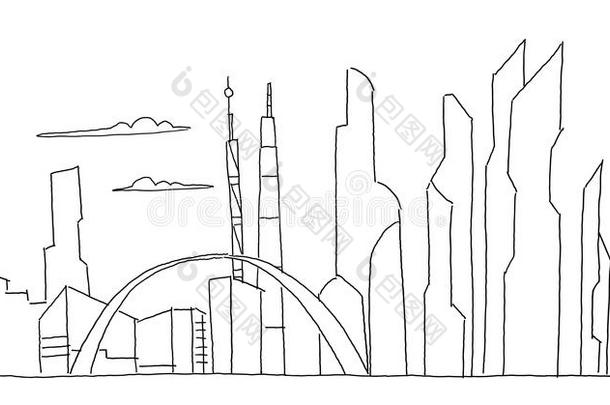大的城市摩天大楼将来的草图.手疲惫的矢量股份线条