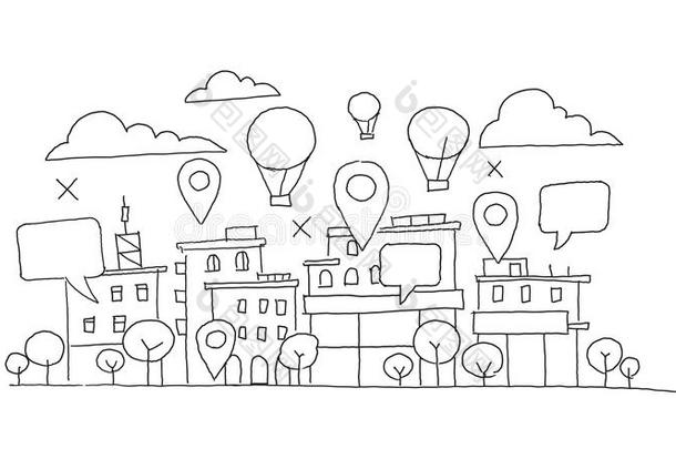 城市全景画草图.气球采用指已提到的人天,地理定位标记一