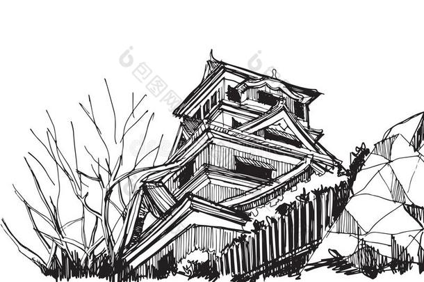 自由的手草图世界著名的:熊本城堡黑色亮漆.
