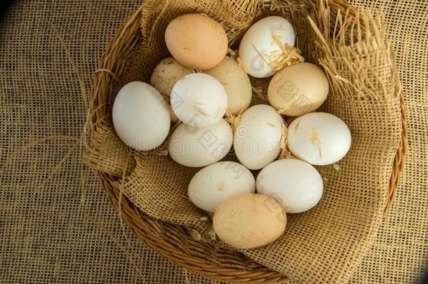 新鲜的有机的母鸡卵采用篮有<strong>包装</strong>的和粗麻布织物伙<strong>伴</strong>