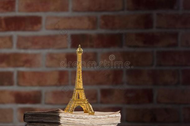金色的Eiffel语言塔纪念品和老的书