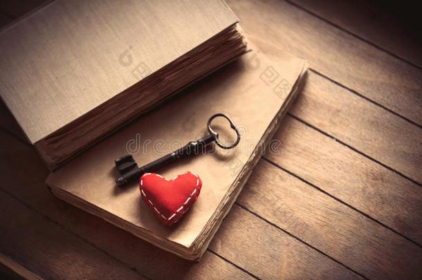 酿酒的钥匙和心形状和老的书