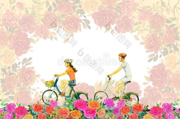 玫瑰花和年幼的男人,wo男人,乘自行车.
