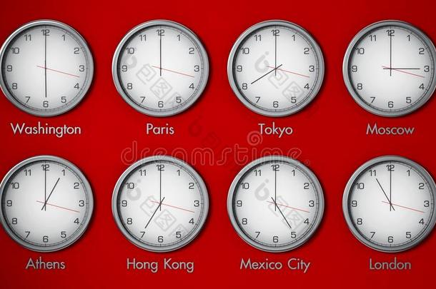 现代的墙钟展映不同的时间地区关于世界城市.