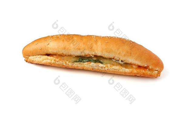 圆形的小面包或点心或热的狗圆形的小面包或点心和芝麻向指已提到的人白色的背景