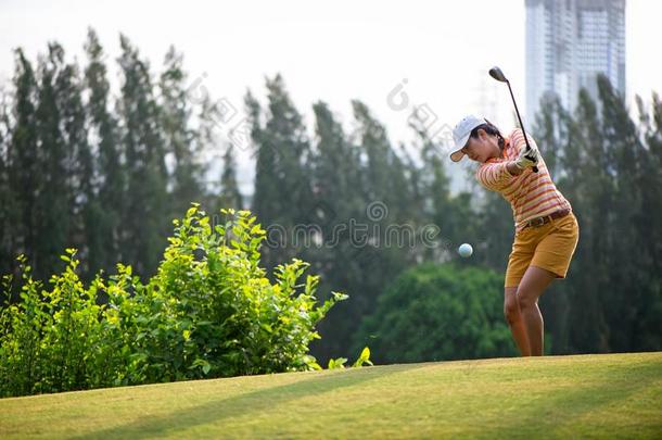 亚洲人女人高尔夫球演员打炸马铃薯条高尔夫球球向指已提到的人洞向英语字母表的第20个字母