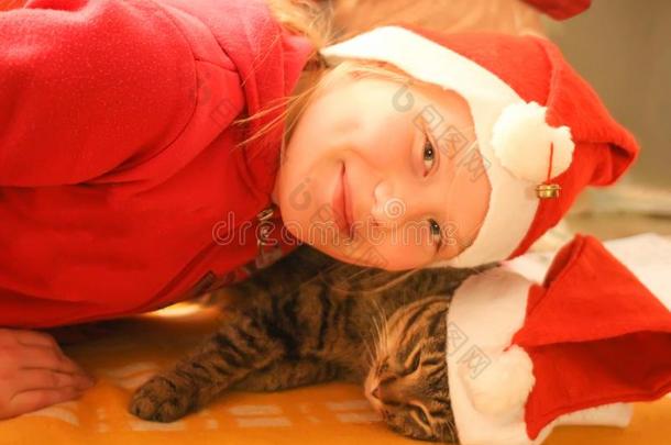 漂亮的年幼的懒惰的欲睡的猫采用红色的圣诞节<strong>帽子</strong>