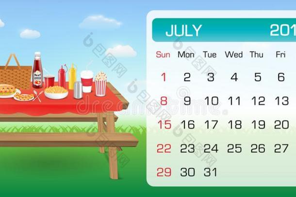 日历关于七月2018月主题户外的野餐郊游